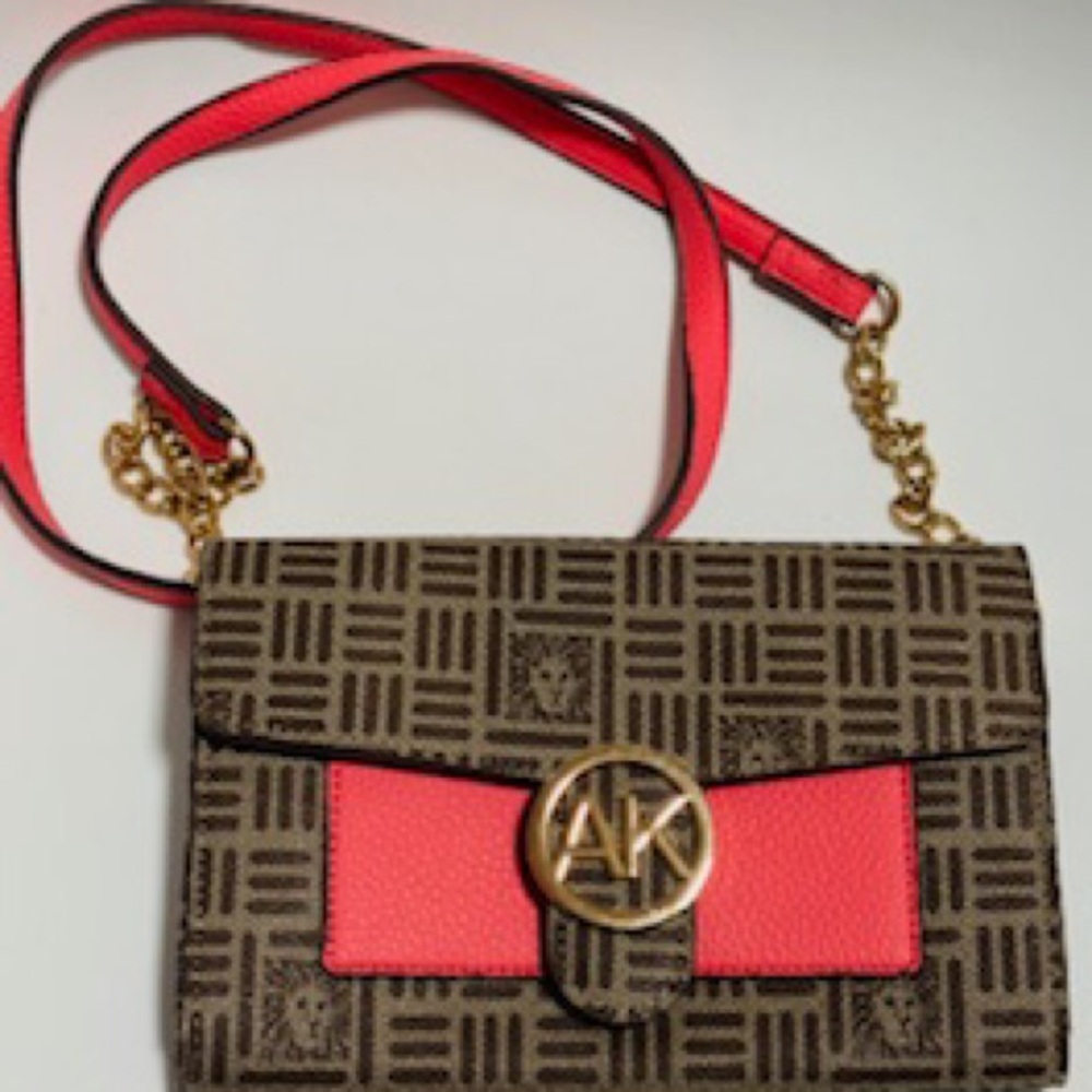 Anne Klein Monogram, Pink Accents, Gold Clasp & Chain, Clutch, Cross Body Bag